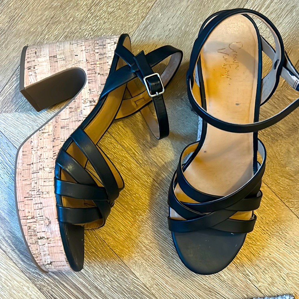 Black Cork Wedge Sandals Size 10